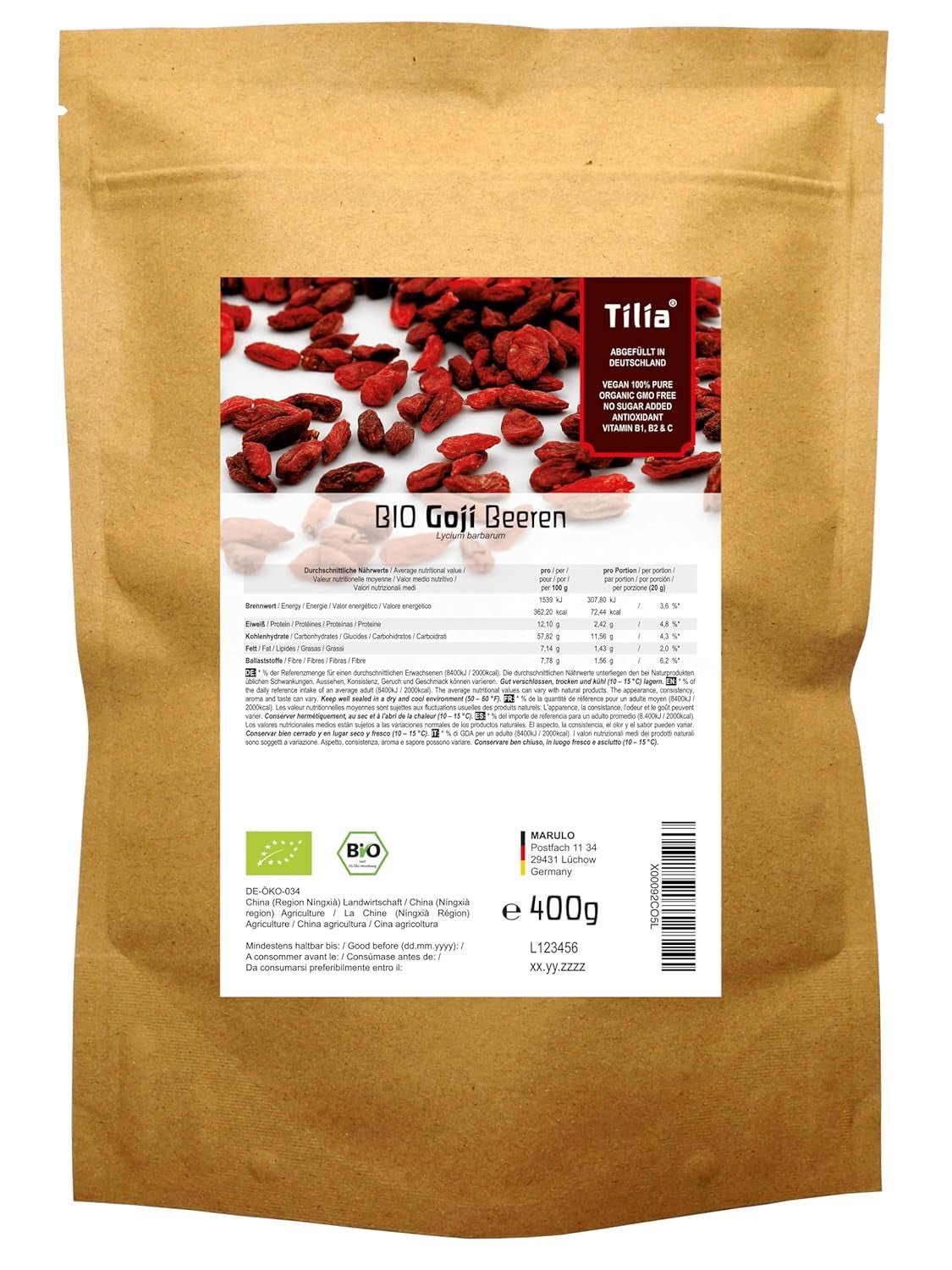 Tilia BIO Gojibessen 1 kg Naty Shop gedroogde producten 400 G (1 verpakking)