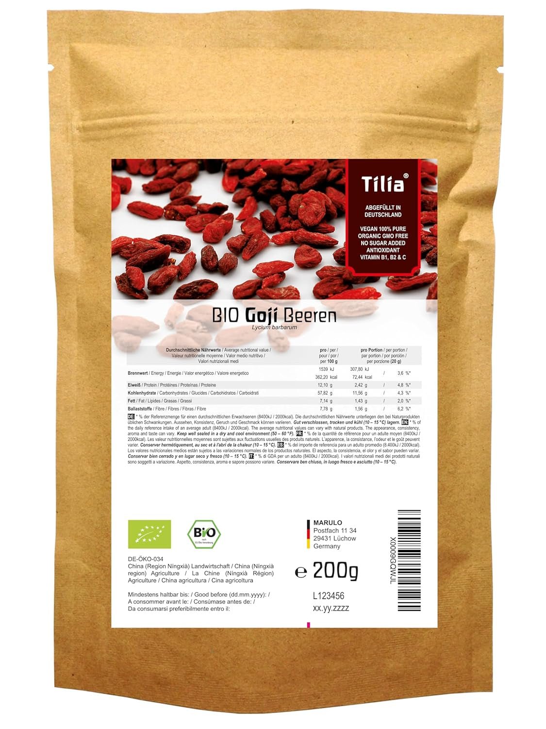 Tilia BIO Gojibessen 1 kg Naty Shop gedroogde producten 200 G (1 pakje)