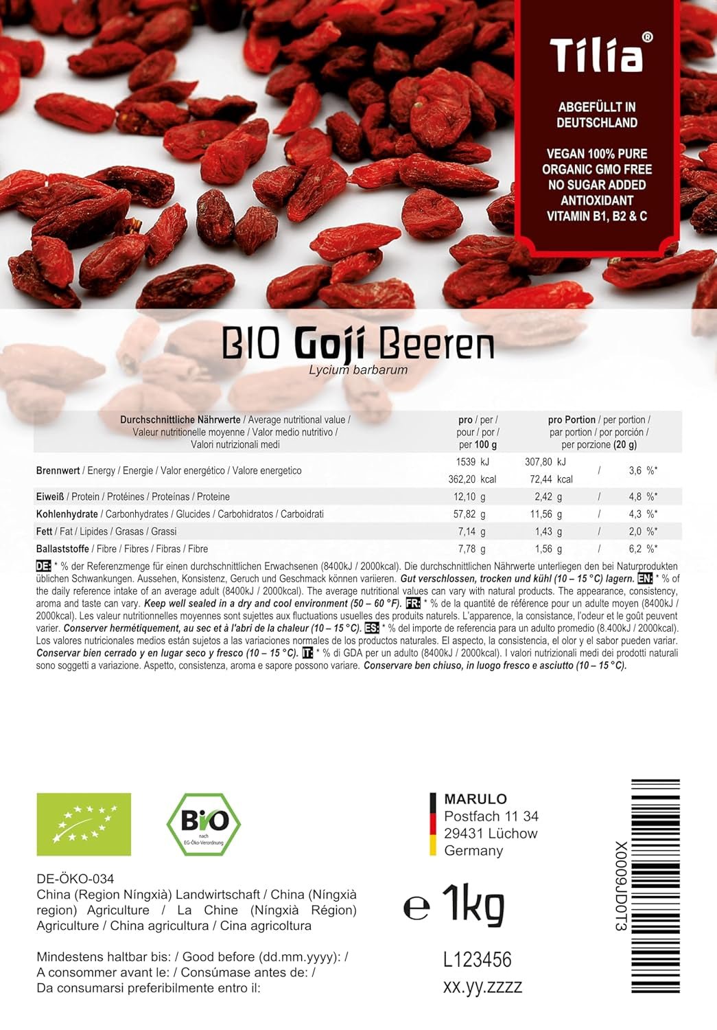 Tilia BIO Gojibessen 1 kg Gedroogde producten Naty Shop