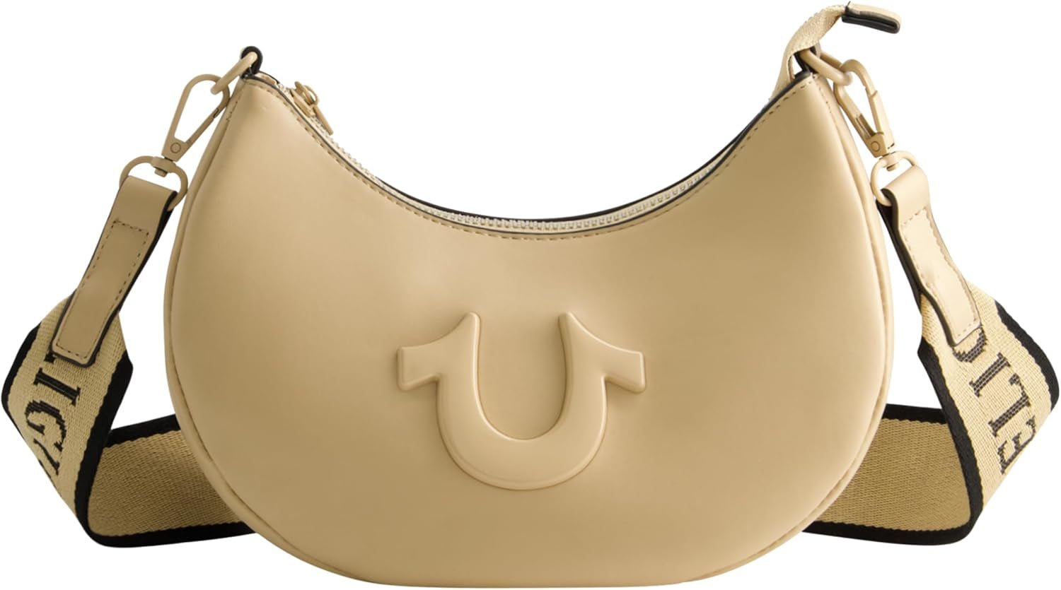 True Religion schoudertas voor dames, Crescent Hobo-handtas met verstelbare afneembare riem en hoefijzerlogo Damestassen Naty Shop Kameel
