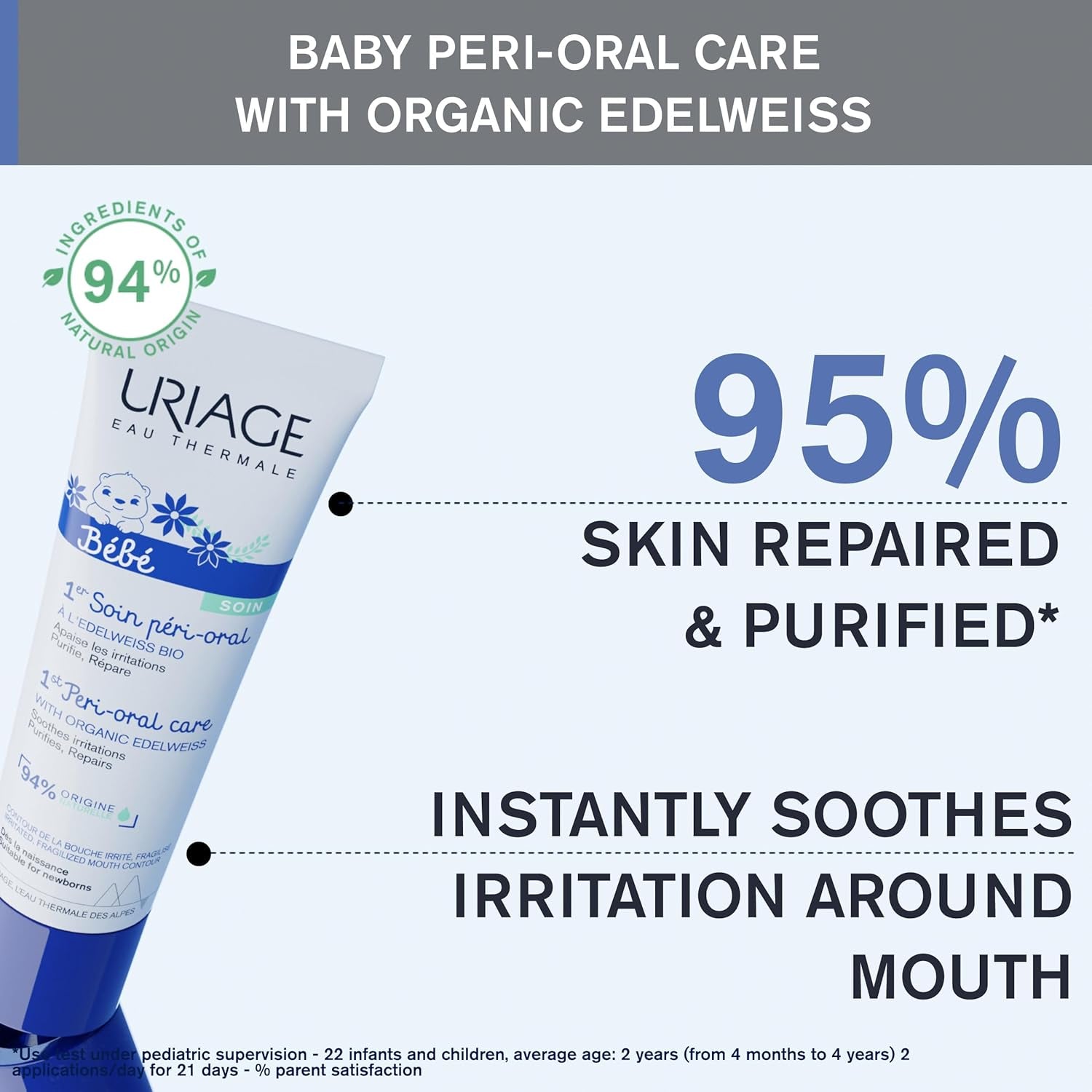 Uriage Baby Peri-Orale Verzorging met organisch kostbaar wit en koperzink 30 ml - Verzacht onmiddellijk irritaties - Herstelt en reinigt de huid - Trekt snel in - Geurvrij - 94% ingrediënten van natuurlijke oorsprong Kinderen - Bad- en huidverzorging Naty Shop