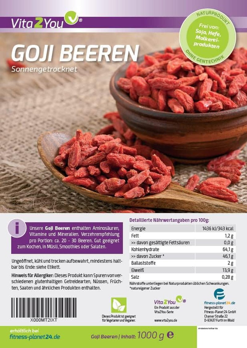 Vita2You Gojibessen 1kg - wolfsbessen - gedroogd in de zon - ongezwaveld en zonder toevoegingen - 1000g - ritszak - premium kwaliteit Gedehydrateerde producten Naty Shop