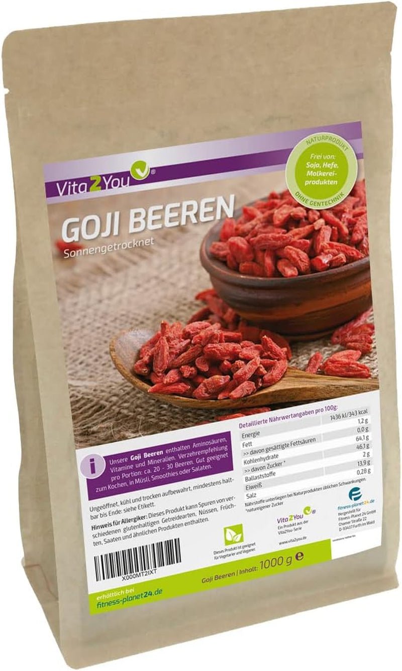 Vita2You Gojibessen 1kg - wolfsbessen - gedroogd in de zon - ongezwaveld en zonder toevoegingen - 1000g - ritszak - premium kwaliteit Gedehydrateerde producten Naty Shop Standaard titel