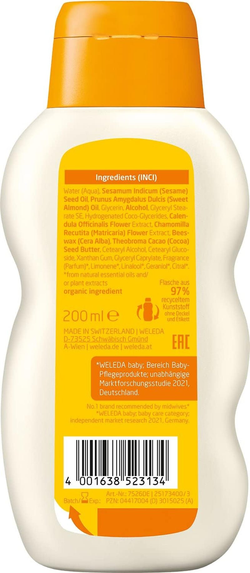 WELEDA Organic Baby Calendula Care Milk - Natuurlijke cosmetische bodylotion met amandelolie en bijenwas voor de verzorging en reiniging van de droge babyhuid. Fijne huidverzorgingslotion voor baby's en kinderen (1x 200ml) Kinderen - Bad- en huidverzorging Naty Shop