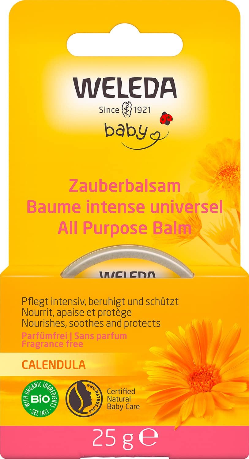 WELEDA Organic Baby Calendula Magic Balm - Universele balsem van natuurlijke cosmetica voor gezicht en lichaam om de droge huid en lippen te verzorgen en te kalmeren. Universele rijke balsem voor baby's en kinderen (1x 25g) Kinderen - Bad- en huidverzorging Naty Shop