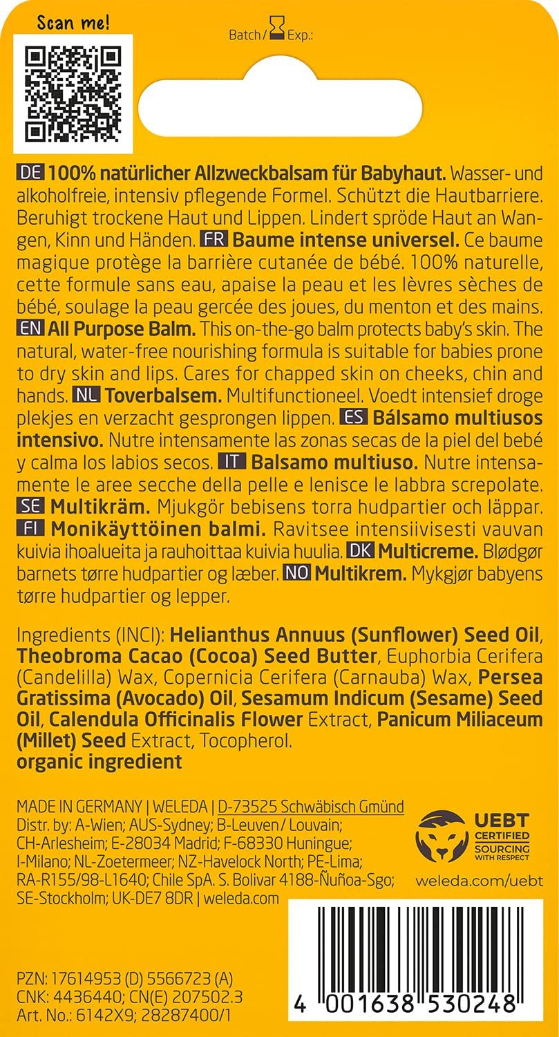 WELEDA Organic Baby Calendula Magic Balm - Universele balsem van natuurlijke cosmetica voor gezicht en lichaam om de droge huid en lippen te verzorgen en te kalmeren. Universele rijke balsem voor baby's en kinderen (1x 25g) Kinderen - Bad- en huidverzorging Naty Shop