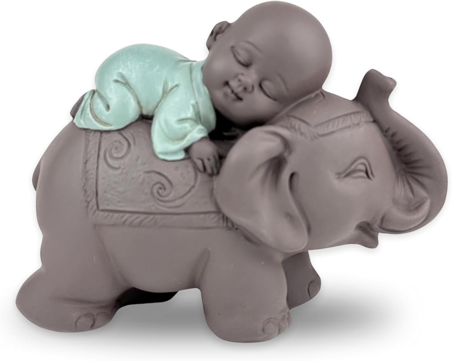 Zen'Light Beeld Boeddha Bonze Slapend op Olifant - Zen-sfeer in je heilige ruimte - prachtig veelbelovend figuur -H 9,5 cm, Bruin & Groen Beeldjes en sculpturen Naty Shop Standaard titel