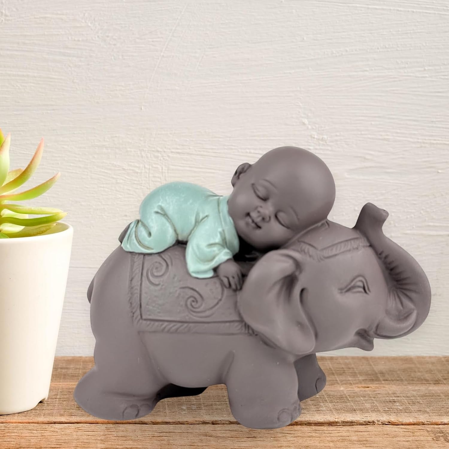 Zen'Light Beeld Boeddha Bonze Slapend op Olifant - Zen-sfeer in je heilige ruimte - prachtig veelbelovend figuur -H 9,5 cm, Bruin & Groen Beeldjes en sculpturen Naty Shop