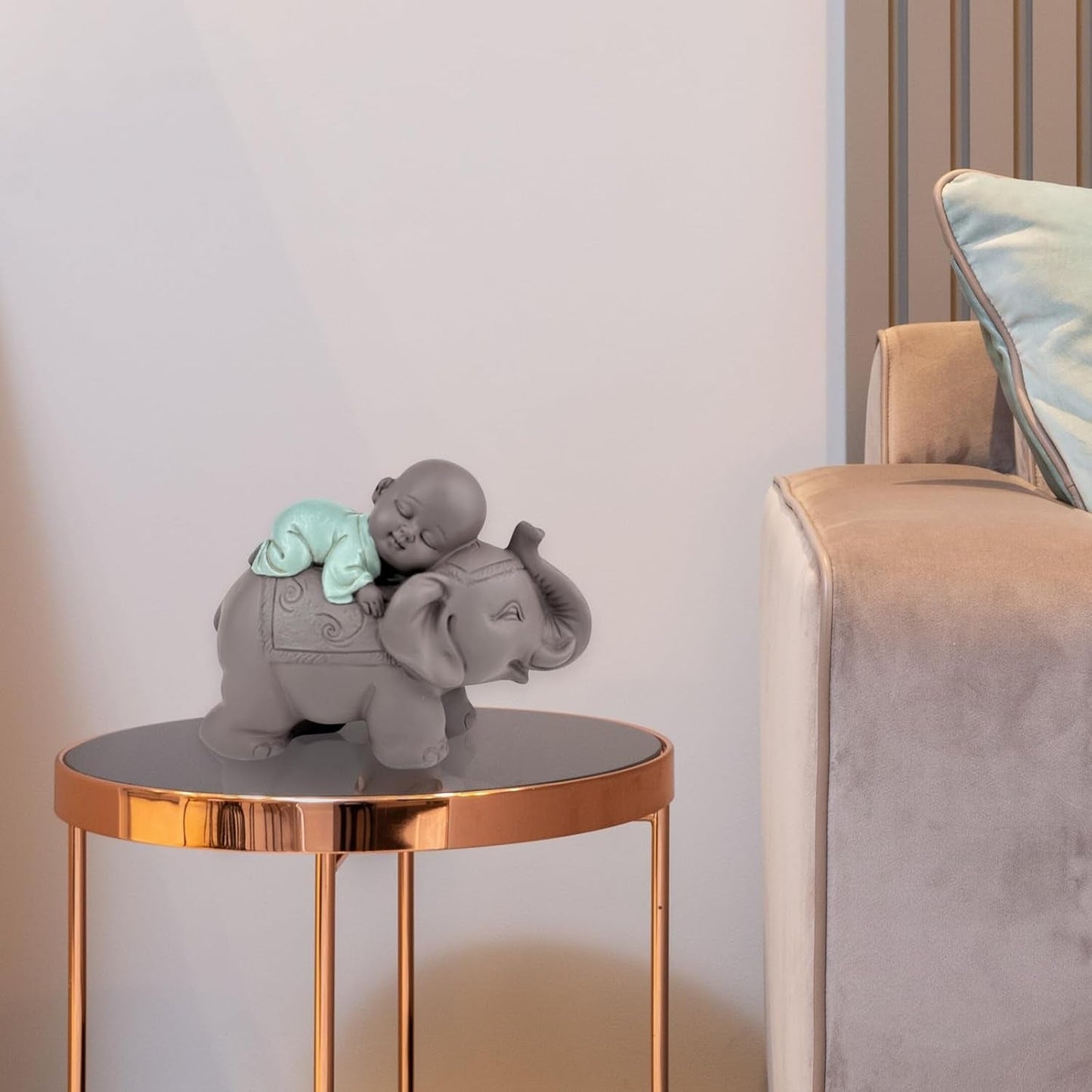Zen'Light Beeld Boeddha Bonze Slapend op Olifant - Zen-sfeer in je heilige ruimte - prachtig veelbelovend figuur -H 9,5 cm, Bruin & Groen Beeldjes en sculpturen Naty Shop