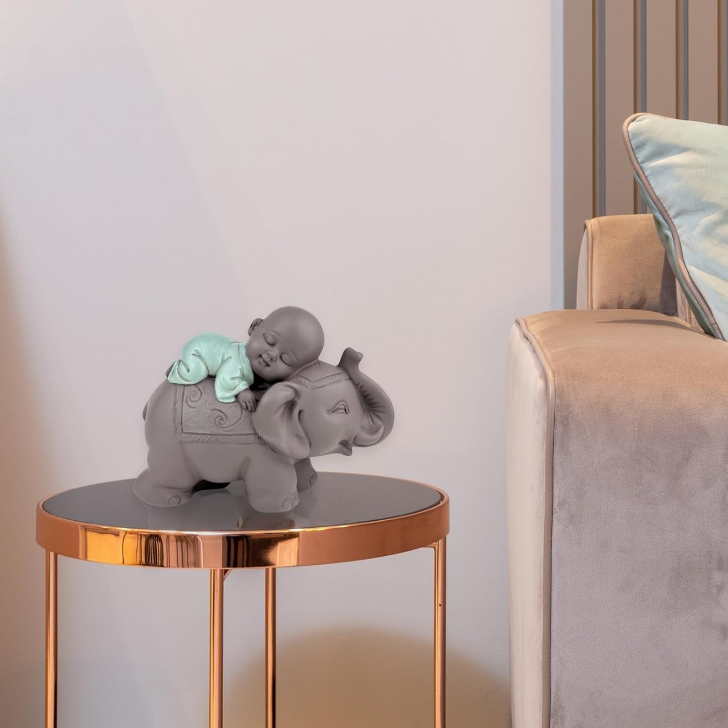 Zen'Light Beeld Boeddha Bonze Slapend op Olifant - Zen-sfeer in je heilige ruimte - prachtig veelbelovend figuur -H 9,5 cm, Bruin & Groen Beeldjes en sculpturen Naty Shop