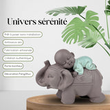 Zen'Light Beeld Boeddha Bonze Slapend op Olifant - Zen-sfeer in je heilige ruimte - prachtig veelbelovend figuur -H 9,5 cm, Bruin & Groen Beeldjes en sculpturen Naty Shop