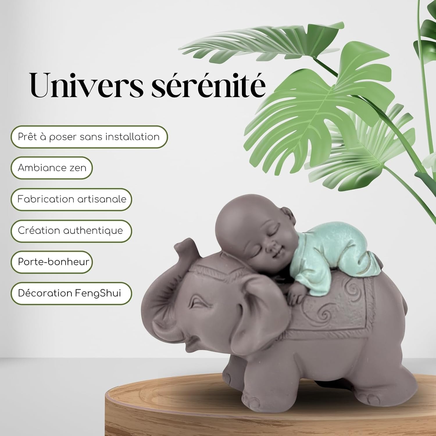 Zen'Light Beeld Boeddha Bonze Slapend op Olifant - Zen-sfeer in je heilige ruimte - prachtig veelbelovend figuur -H 9,5 cm, Bruin & Groen Beeldjes en sculpturen Naty Shop