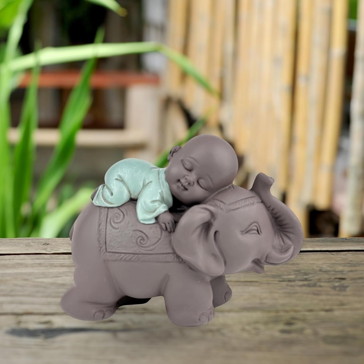 Zen'Light Beeld Boeddha Bonze Slapend op Olifant - Zen-sfeer in je heilige ruimte - prachtig veelbelovend figuur -H 9,5 cm, Bruin & Groen Beeldjes en sculpturen Naty Shop