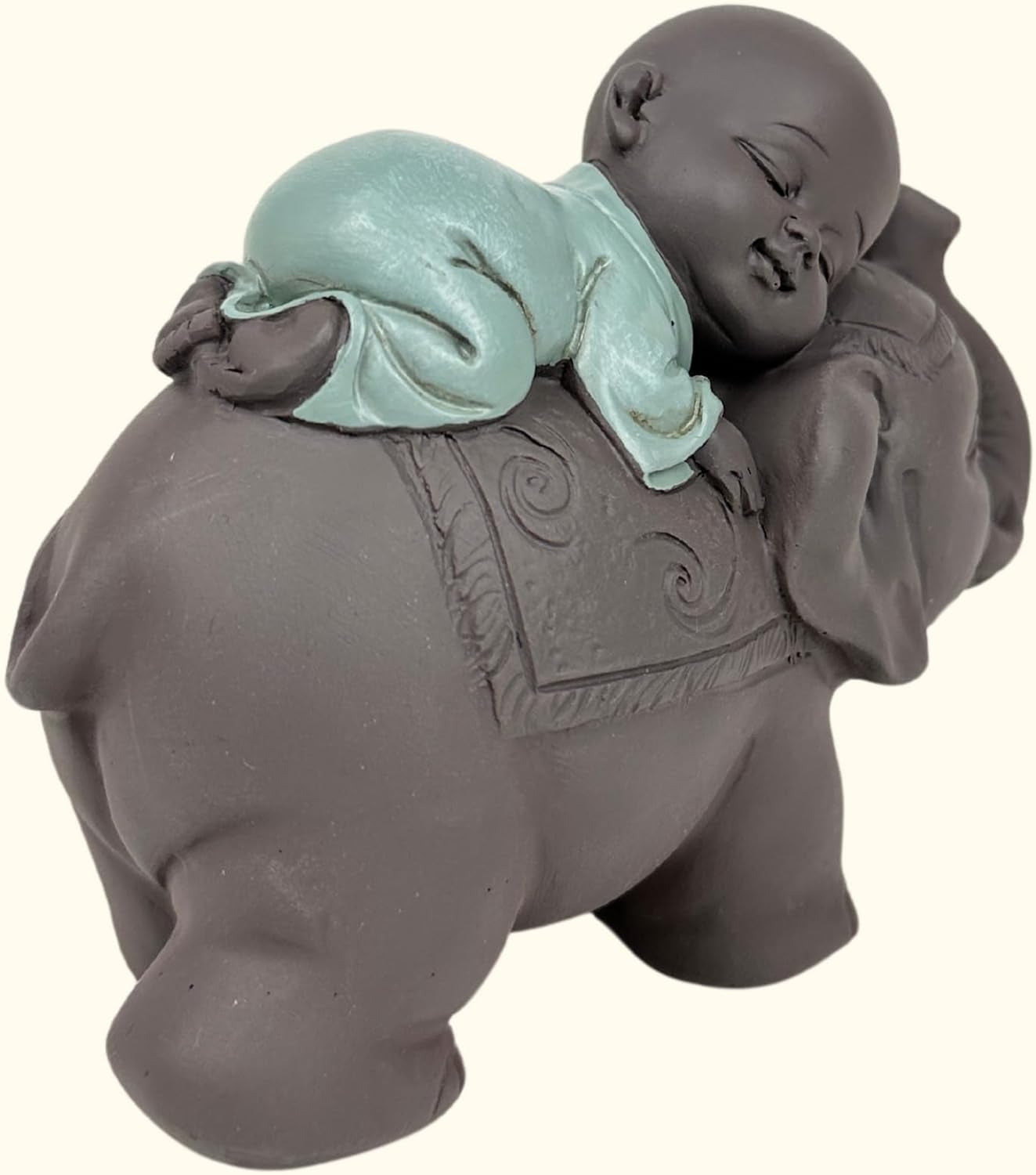 Zen'Light Beeld Boeddha Bonze Slapend op Olifant - Zen-sfeer in je heilige ruimte - prachtig veelbelovend figuur -H 9,5 cm, Bruin & Groen Beeldjes en sculpturen Naty Shop