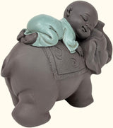 Zen'Light Beeld Boeddha Bonze Slapend op Olifant - Zen-sfeer in je heilige ruimte - prachtig veelbelovend figuur -H 9,5 cm, Bruin & Groen Beeldjes en sculpturen Naty Shop