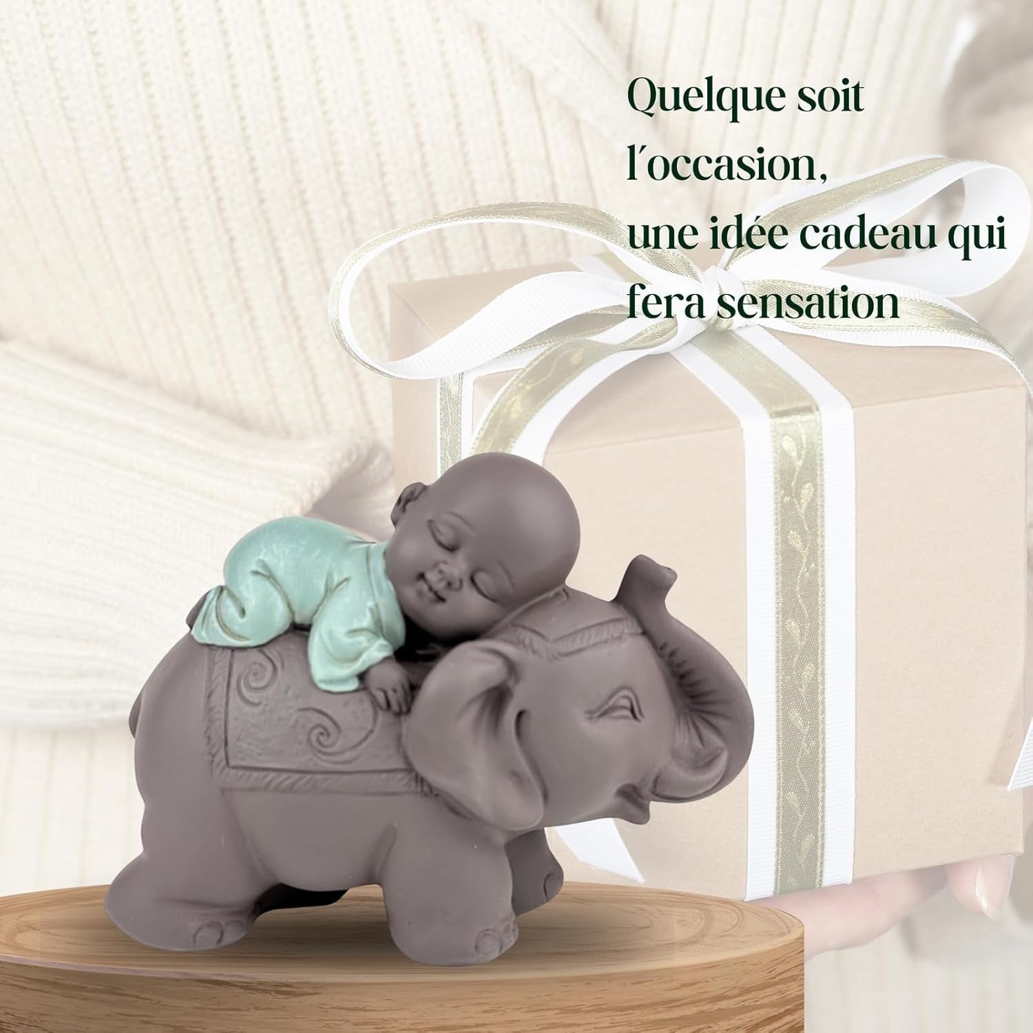 Zen'Light Beeld Boeddha Bonze Slapend op Olifant - Zen-sfeer in je heilige ruimte - prachtig veelbelovend figuur -H 9,5 cm, Bruin & Groen Beeldjes en sculpturen Naty Shop