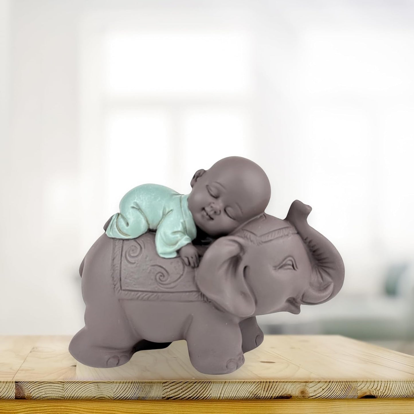 Zen'Light Beeld Boeddha Bonze Slapend op Olifant - Zen-sfeer in je heilige ruimte - prachtig veelbelovend figuur -H 9,5 cm, Bruin & Groen Beeldjes en sculpturen Naty Shop