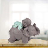 Zen'Light Beeld Boeddha Bonze Slapend op Olifant - Zen-sfeer in je heilige ruimte - prachtig veelbelovend figuur -H 9,5 cm, Bruin & Groen Beeldjes en sculpturen Naty Shop