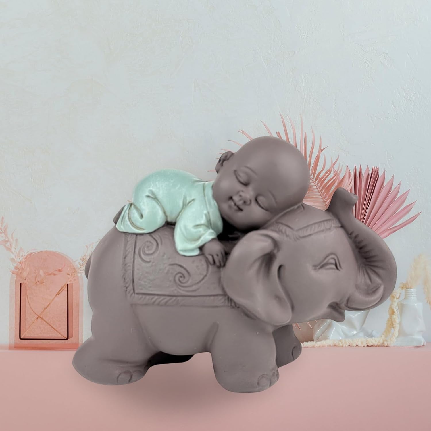 Zen'Light Beeld Boeddha Bonze Slapend op Olifant - Zen-sfeer in je heilige ruimte - prachtig veelbelovend figuur -H 9,5 cm, Bruin & Groen Beeldjes en sculpturen Naty Shop