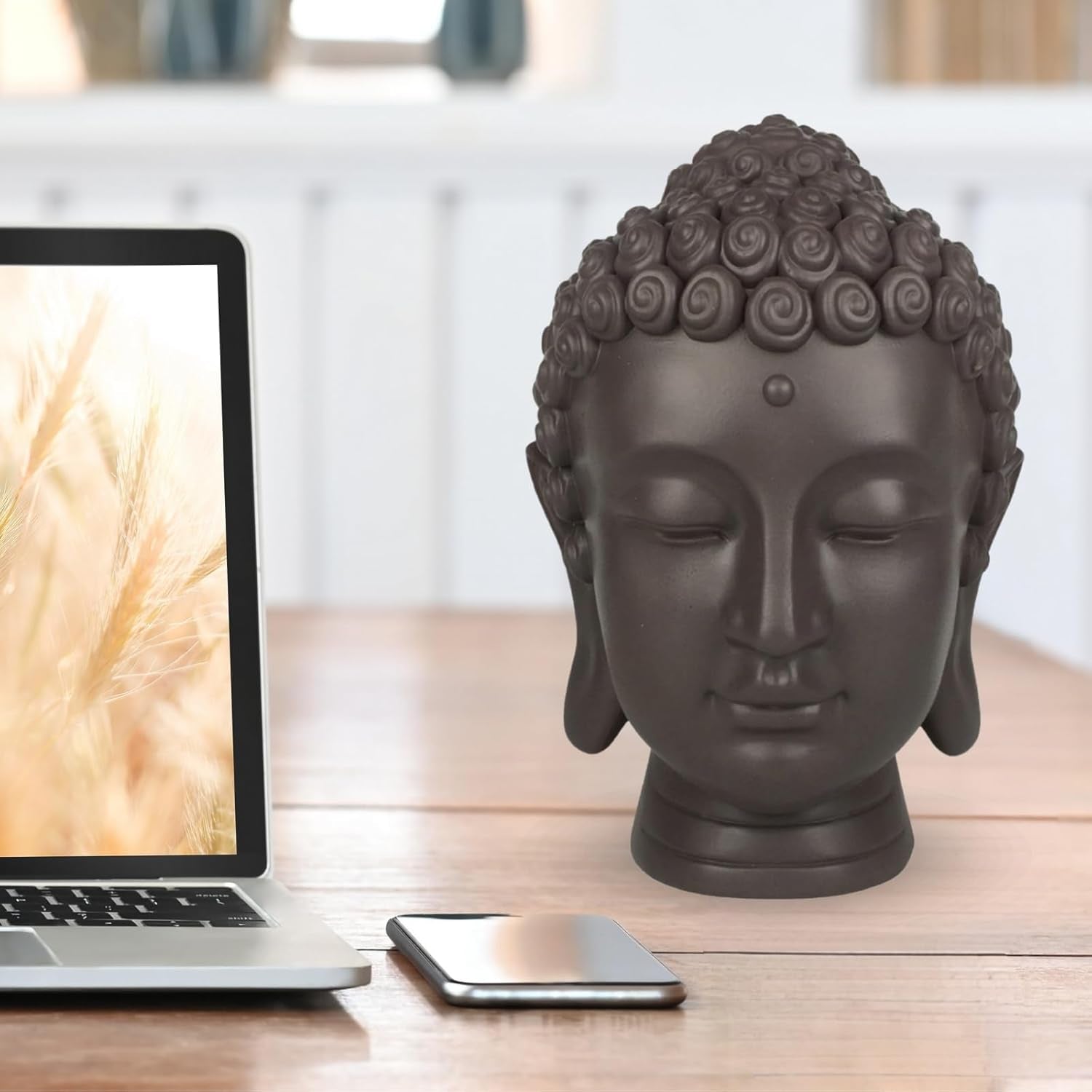 Zen'Light - Beeldje met Boeddha hoofd - Decoratie voor Zen, meditatie en feng shui - Cadeau voor een ontspannende en spirituele sfeer - Boeddha beeldje - Hoogte: 20 cm - Kleur: groen/bruin Beeldjes en sculpturen Naty Shop