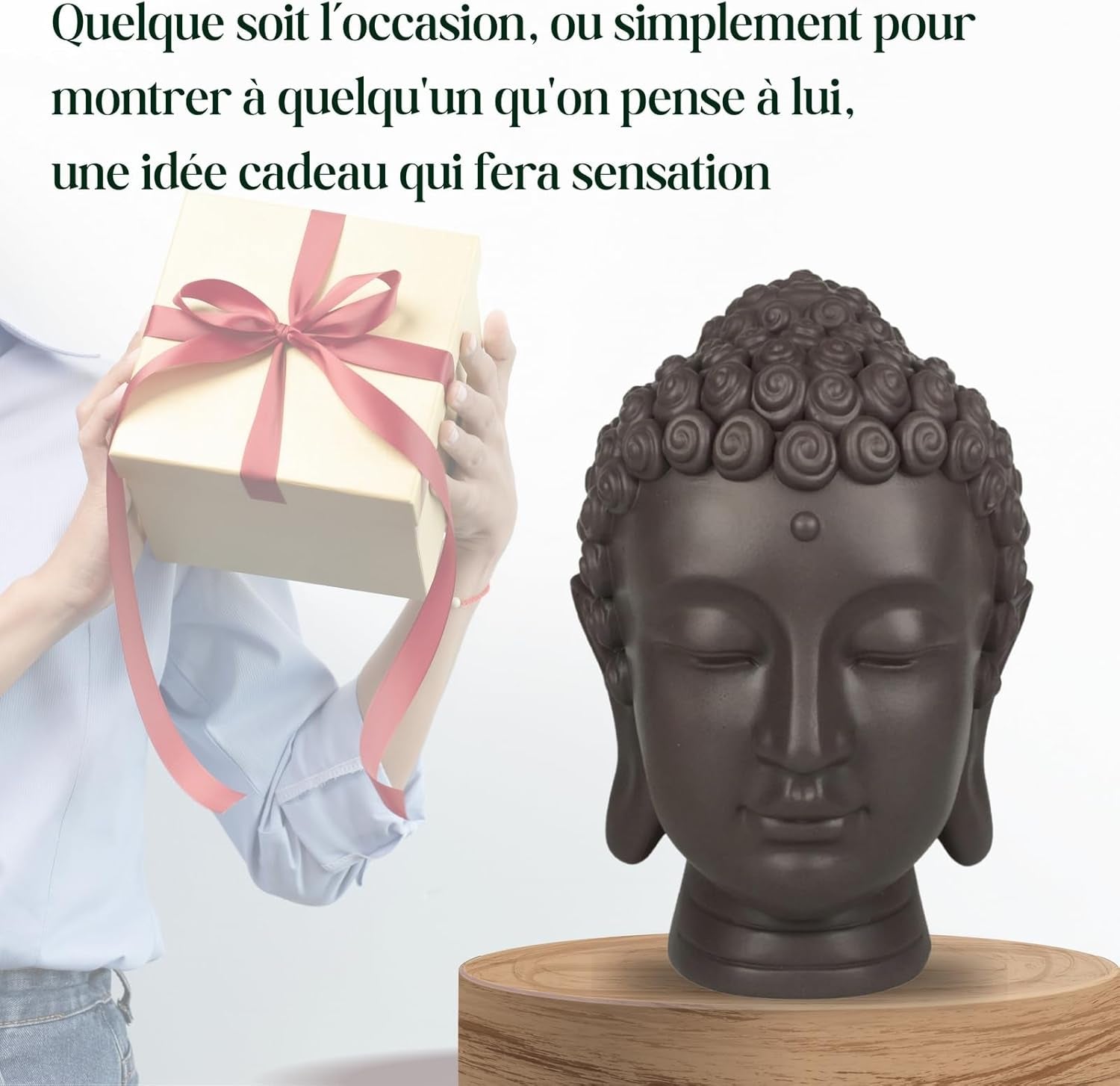 Zen'Light - Beeldje met Boeddha hoofd - Decoratie voor Zen, meditatie en feng shui - Cadeau voor een ontspannende en spirituele sfeer - Boeddha beeldje - Hoogte: 20 cm - Kleur: groen/bruin Beeldjes en sculpturen Naty Shop