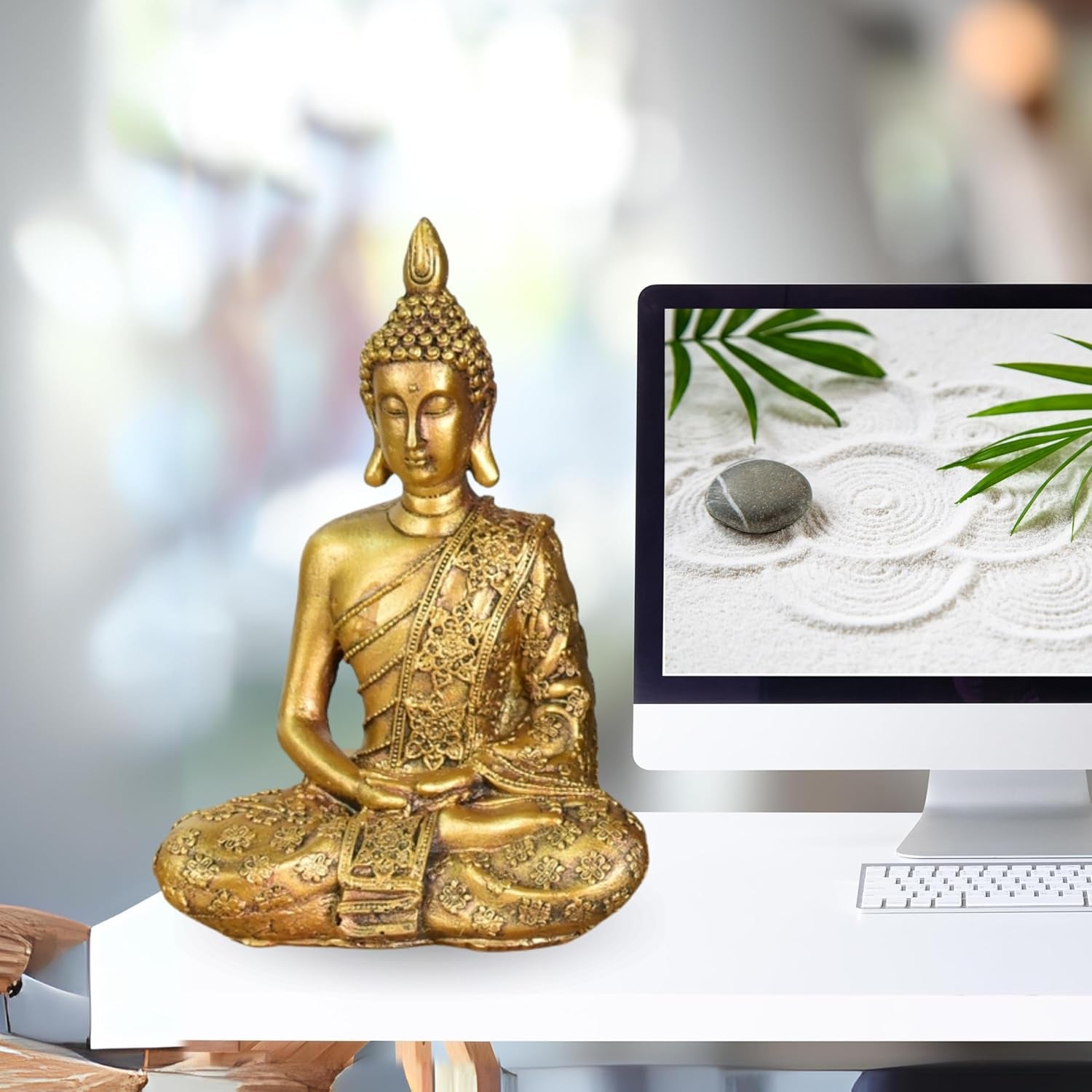 Zen'Light - Beeldje met Boeddhahoofd Sanci - Decoratie voor Zen, meditatie en feng shui - Cadeau voor een ontspannende en spirituele sfeer - Boeddhabeeld - Hoogte: 18 cm - Kleur: goud Beeldjes en sculpturen Naty Shop
