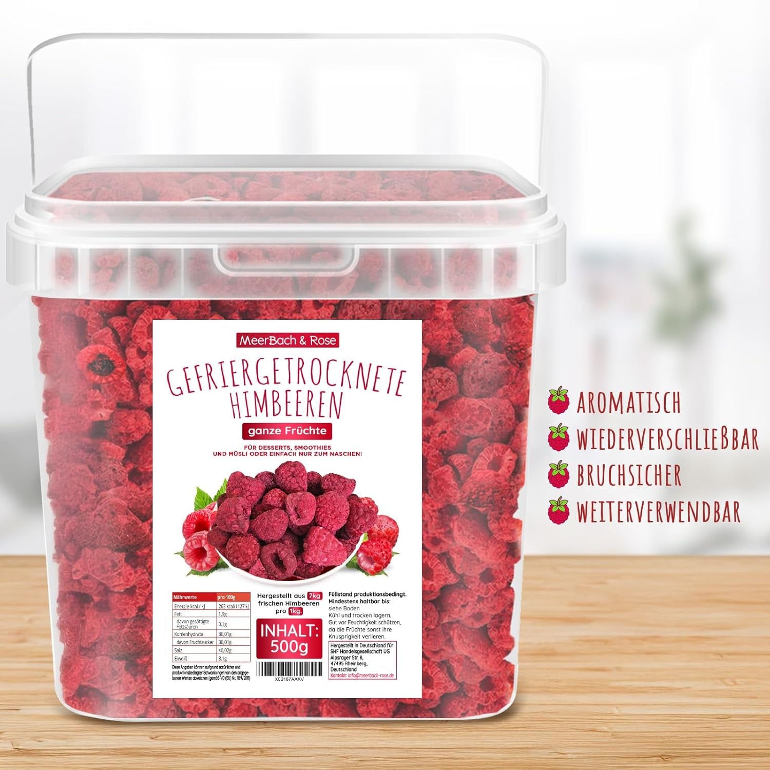 Gevriesdroogde frambozen, GEEN Chinese producten, 500 g gevriesdroogd heel fruit, zonder toevoegingen, fruitig, gemaakt in Duitsland Gedroogde producten Naty Shop