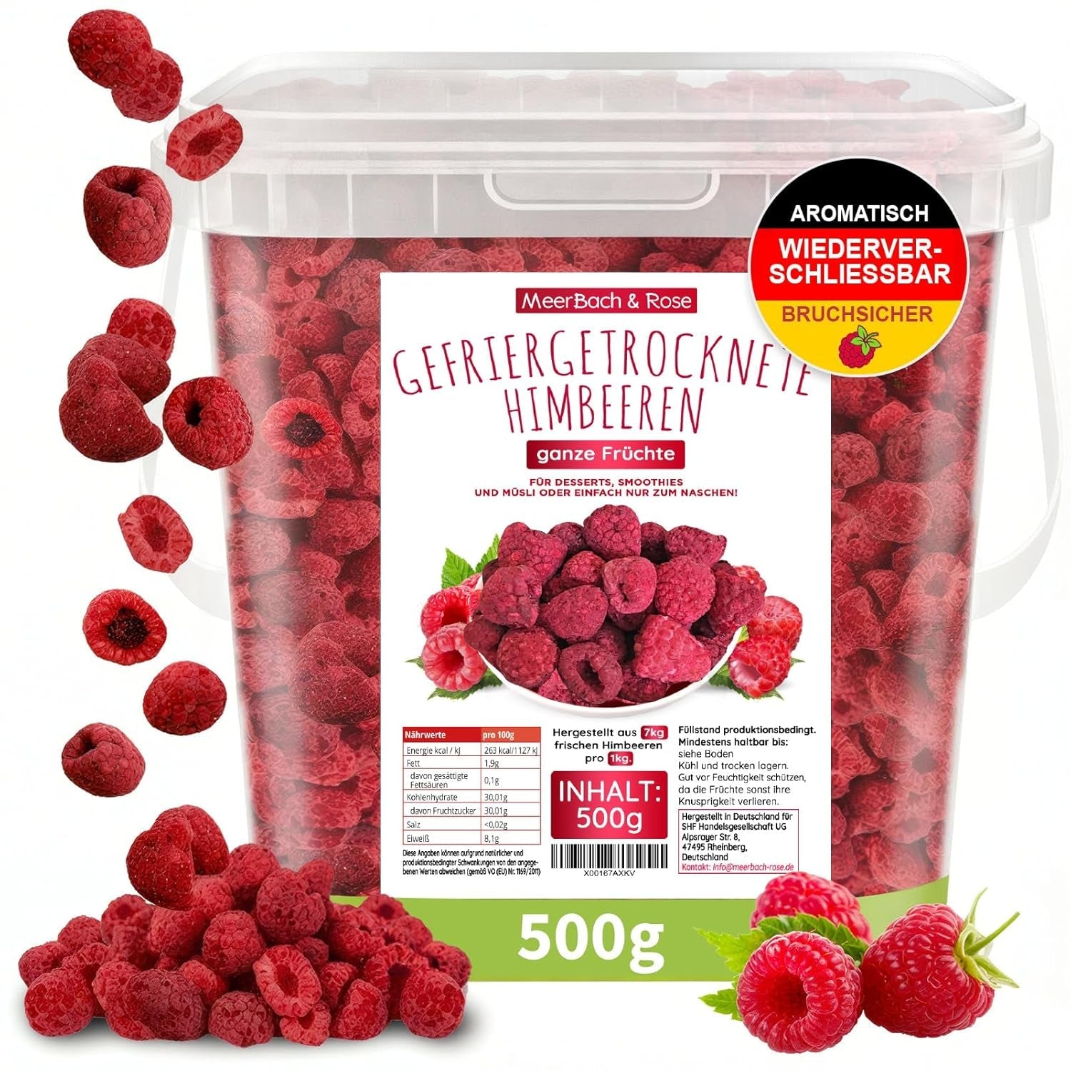 Gevriesdroogde frambozen, GEEN Chinese producten, 500 g gevriesdroogde hele vruchten, zonder toevoegingen, fruitig, gemaakt in Duitsland Gedroogde producten Naty Shop 500 G (1 pak)